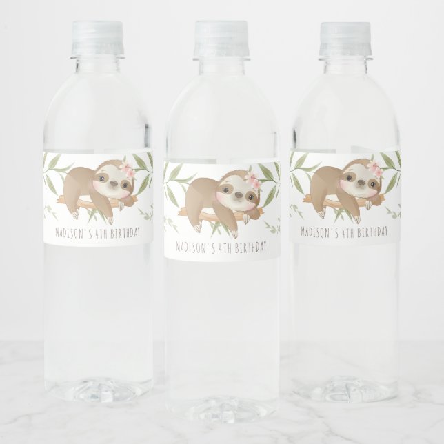 Cute Sloth Personalised Girl Birthday Water Bottle Label (Bottles)