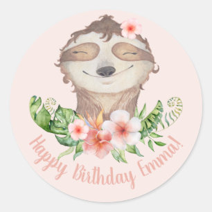 Cute sloth personalised happy birthday classic round sticker