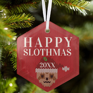 Cute Sloth Personalized Year Happy Slothmas Red Glass Tree Decoration