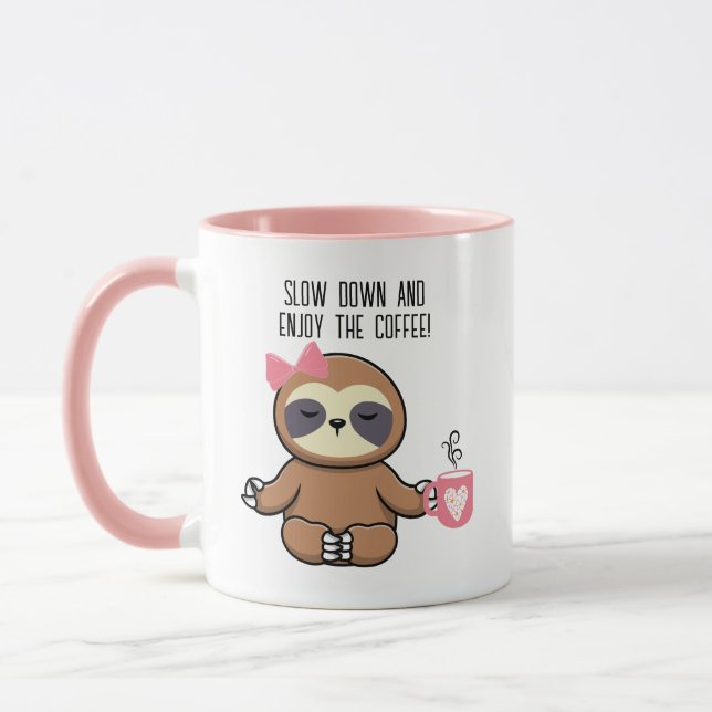 Cute Sloth, Pink Bow, 'Slow Down And Enjoy Coffee' Mug (Left)