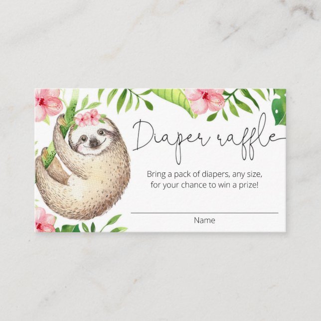 Cute sloth pink greenery girl diaper raffle cards (Front)