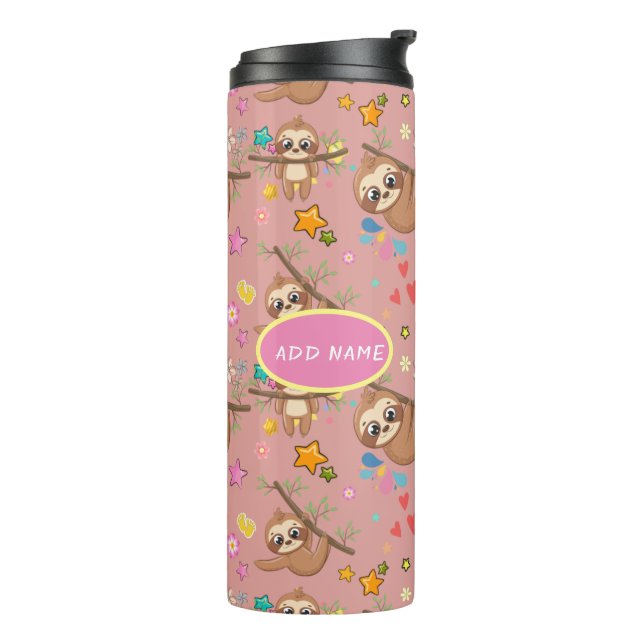 Cute Sloth Pink Pattern Add Your Text Floral Chic Thermal Tumbler (Rotated Left)