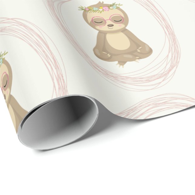 Cute Sloth Pink Zen Yoga Lotus Drawing Pattern Wrapping Paper (Roll Corner)