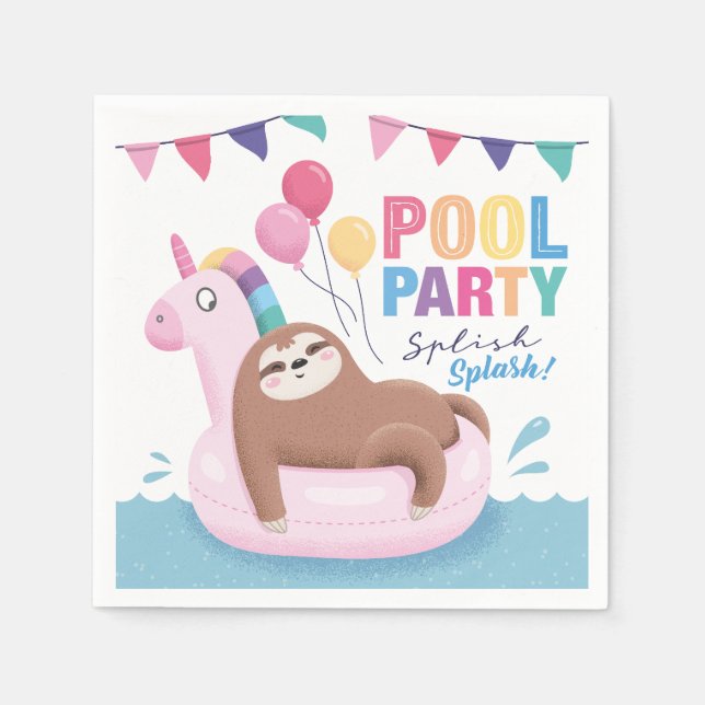 Cute Sloth Pool Party Birthday Napkins (Front)