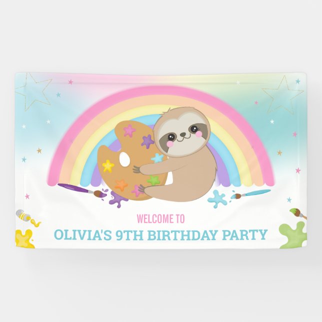  Cute Sloth Rainbow Paint Art Birthday Backdrop   Banner (Horizontal)
