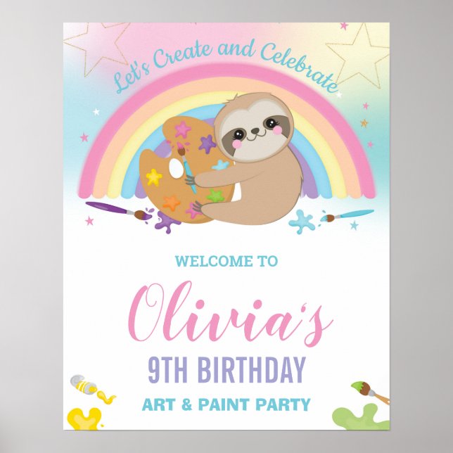  Cute Sloth Rainbow Paint Art Birthday Welcome Poster (Front)