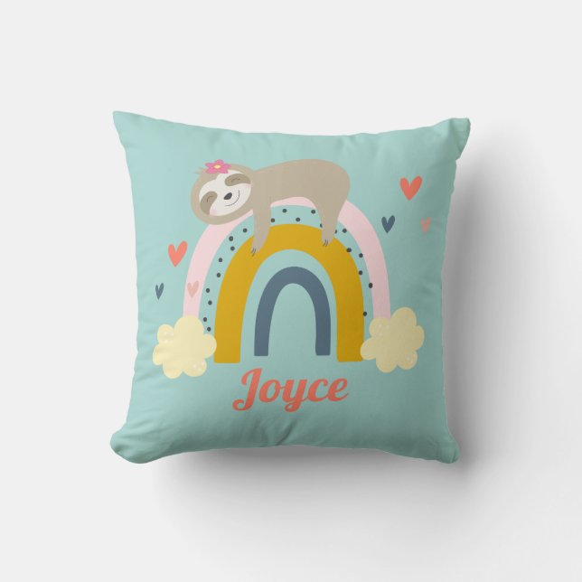 Cute Sloth Rainbow Pink Turquoise Personalise Name Cushion (Front)
