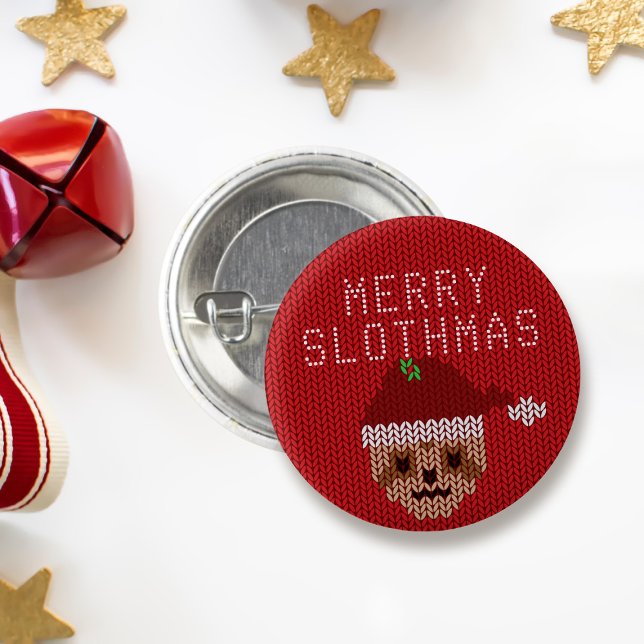 Cute Sloth Red Merry Slothmas Christmas Badge Pin (Tis the season to be a sloth! Celebrate by wearing this cute button! Merry Slothmas!)