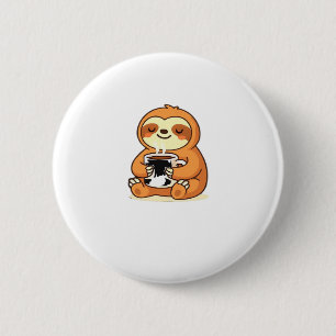 Cute Sloth Relaxing with Hot Coffee Premium T-Shir 6 Cm Round Badge