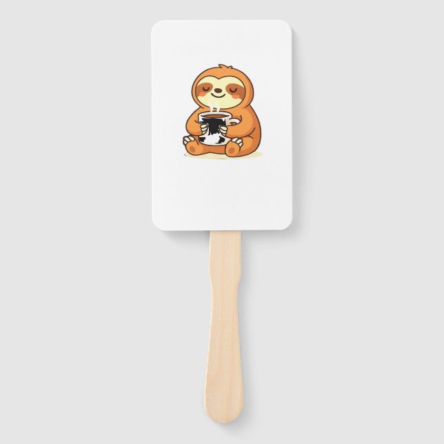 Cute Sloth Relaxing with Hot Coffee Premium T-Shir Hand Fan (Front)