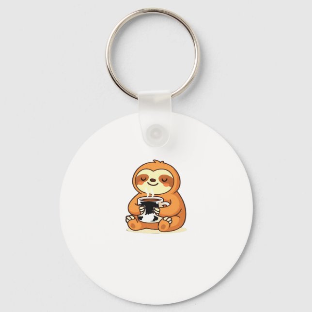Cute Sloth Relaxing with Hot Coffee Premium T-Shir Key Ring (Front)