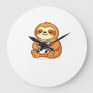 Cute Sloth Relaxing with Hot Coffee Premium T-Shir Large Clock