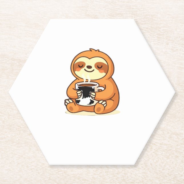 Cute Sloth Relaxing with Hot Coffee Premium T-Shir Paper Coaster (Front)