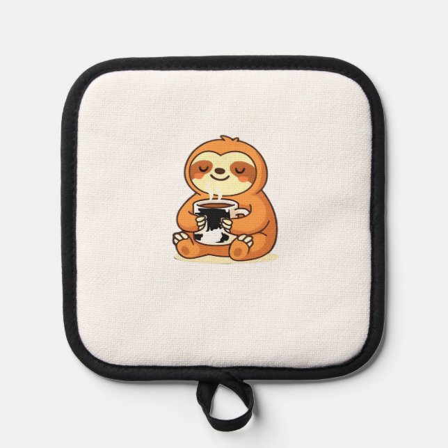 Cute Sloth Relaxing with Hot Coffee Premium T-Shir Pot Holder (Front)