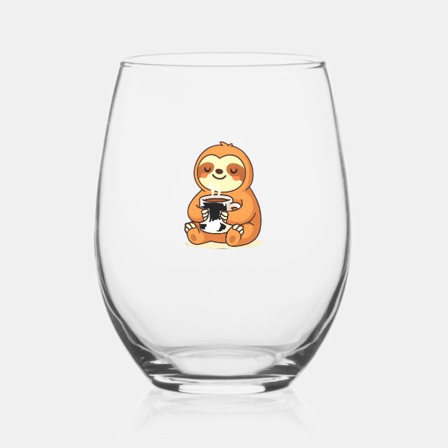 Cute Sloth Relaxing with Hot Coffee Premium T-Shir Stemless Wine Glass (Front)