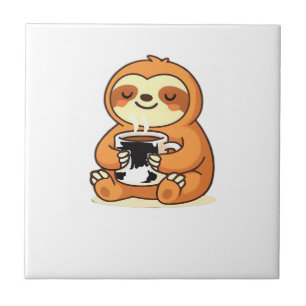 Cute Sloth Relaxing with Hot Coffee Premium T-Shir Tile