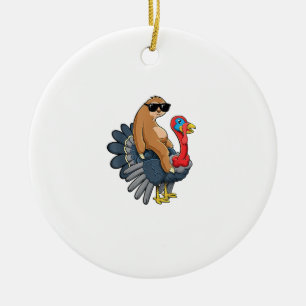 Cute Sloth Riding Turkey Funny Thanksgiving Humour Ceramic Tree Decoration