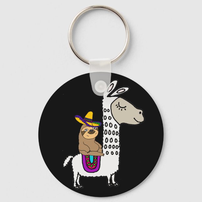 Cute Sloth Riding White Llama Key Ring (Front)