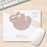 Cute Sloth Rose Gold Glitter Custom Mouse Mat<br><div class="desc">This girly mouse pad is decorated with a rose gold glitter cute smiling sloth hanging from a branch.
Easily customisable with your name in stylish script typography.
Original Drawing© Michele Davies</div>