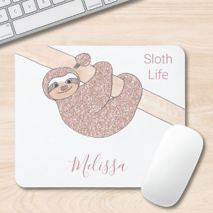 Cute Sloth Rose Gold Glitter Custom Mouse Mat