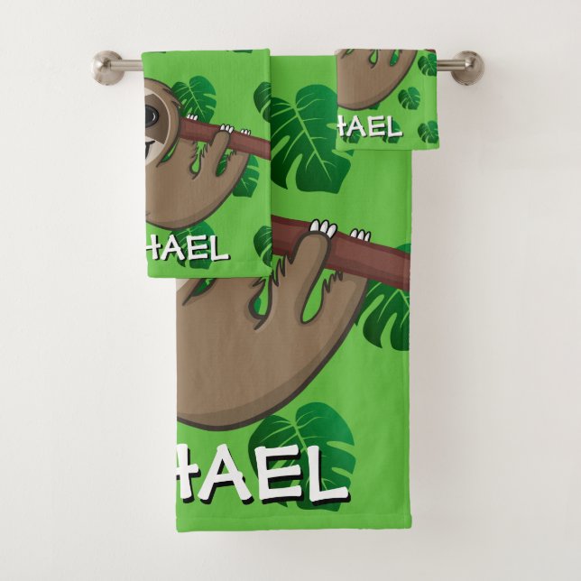 Cute Sloth Safari Green Cartoon Jungle Name Bath Towel Set (Insitu)