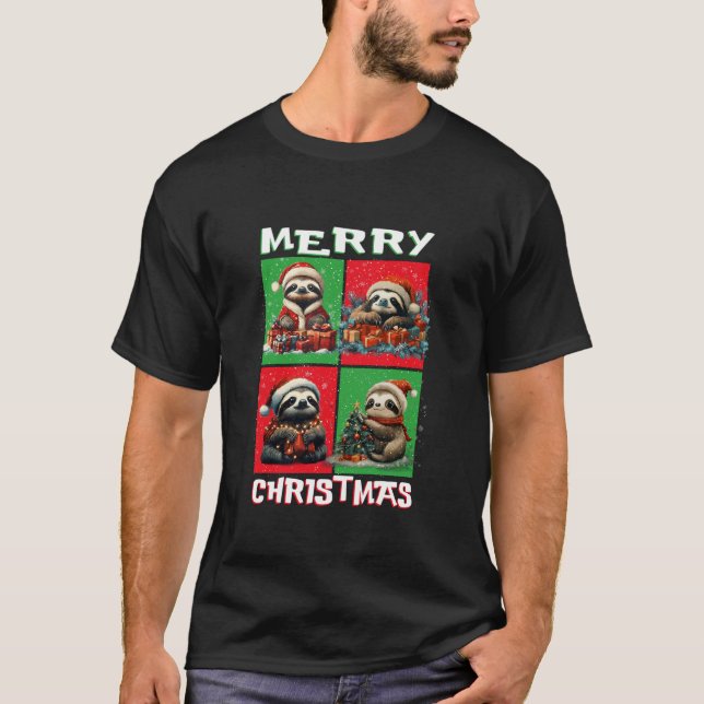 Cute Sloth Santa Animals Lover Merry Christmas Tre T-Shirt (Front)