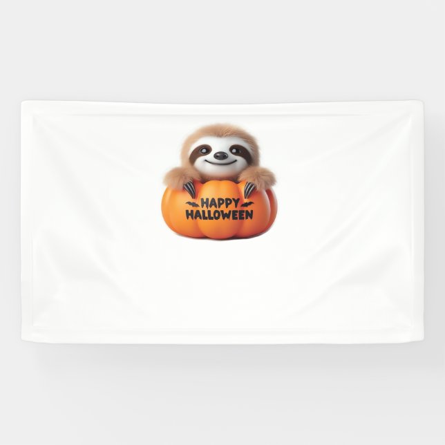 Cute Sloth sitting in a Pumpkin. Text Happy Hallow Banner (Horizontal)