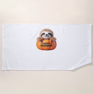 Cute Sloth sitting in a Pumpkin. Text Happy Hallow Beach Towel