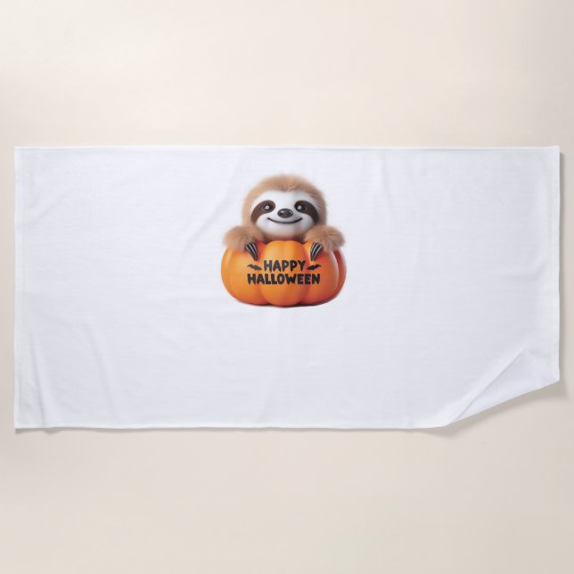 Cute Sloth sitting in a Pumpkin. Text Happy Hallow Beach Towel (Front)