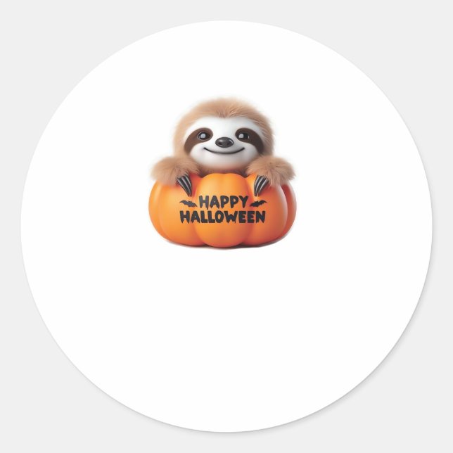 Cute Sloth sitting in a Pumpkin. Text Happy Hallow Classic Round Sticker (Front)