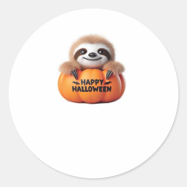 Cute Sloth sitting in a Pumpkin. Text Happy Hallow Classic Round Sticker (Front)