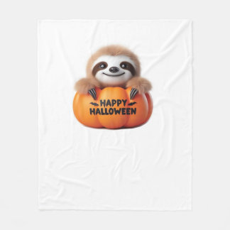 Cute Sloth sitting in a Pumpkin. Text Happy Hallow Fleece Blanket