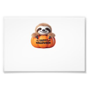 Cute Sloth sitting in a Pumpkin. Text Happy Hallow Photo Print