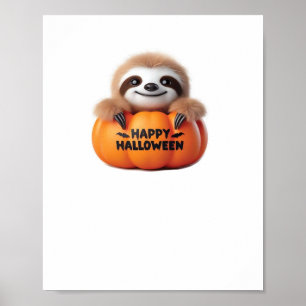 Cute Sloth sitting in a Pumpkin. Text Happy Hallow Poster