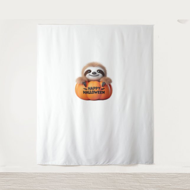 Cute Sloth sitting in a Pumpkin. Text Happy Hallow Tapestry (Front)