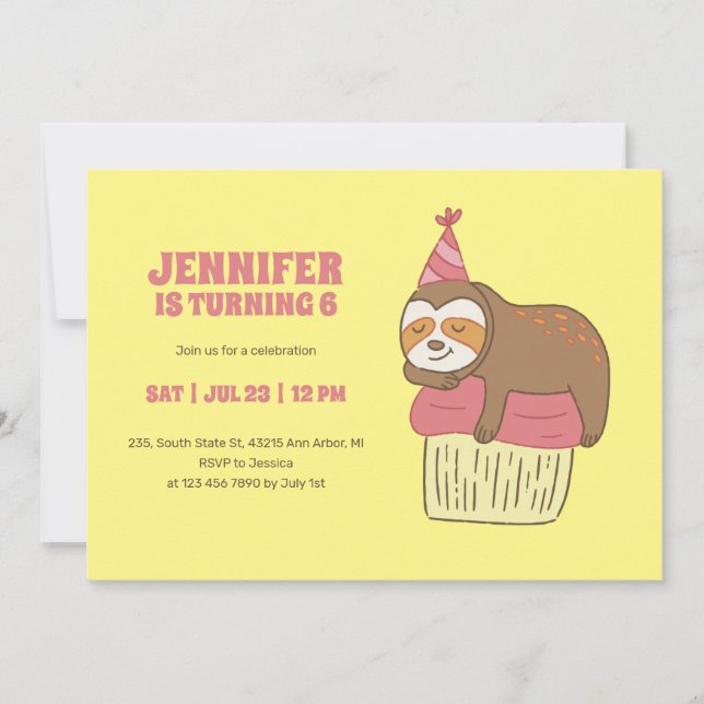 Cute Sloth Sleeping on Cupcake Kids Birthday Invitation (Front)