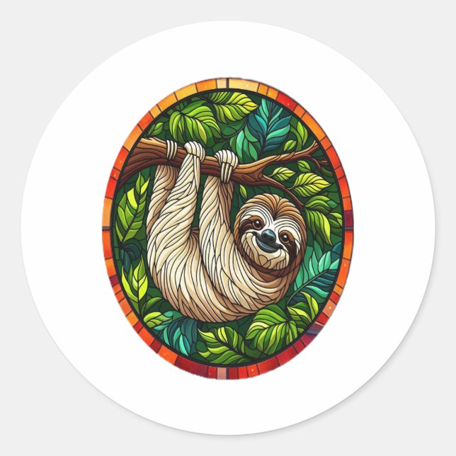Cute Sloth Stained Glass Ornament Classic Round Sticker (Front)