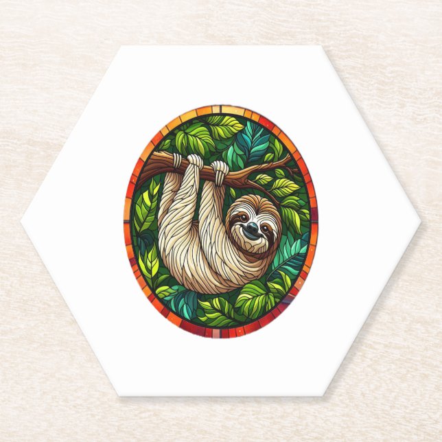 Cute Sloth Stained Glass Ornament Paper Coaster (Front)