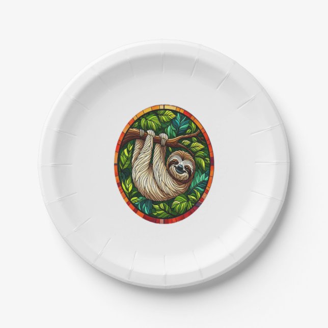 Cute Sloth Stained Glass Ornament Paper Plate (Front)