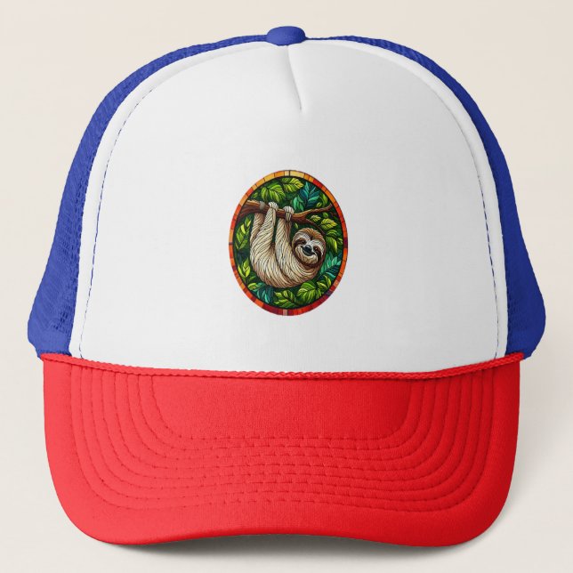 Cute Sloth Stained Glass Ornament Trucker Hat (Front)