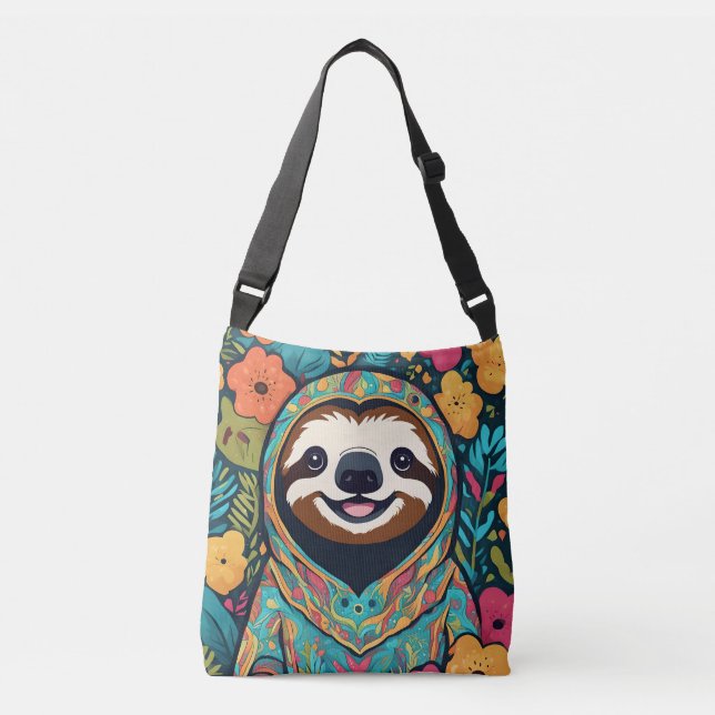 Cute sloth surrounded by flowers crossbody bag (Front)