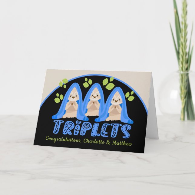 Cute Sloth Three Boys New Triplet Babies Card (Front)