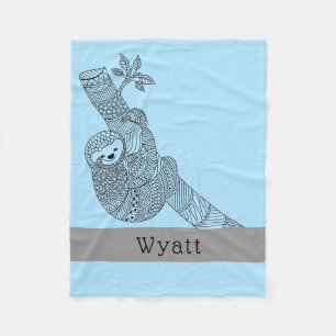 Cute Sloth Tribal Boho Personalised Name Blue Fleece Blanket