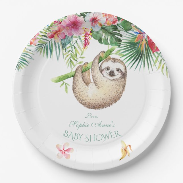 Cute Sloth Tropical Floral Bouquet Boy Baby Shower Paper Plate (Front)