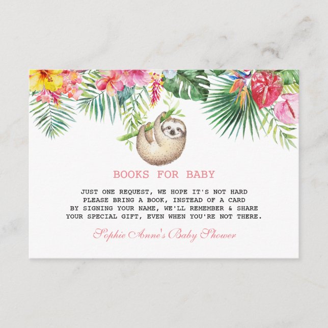 Cute Sloth Tropical Flowers Bouquet Baby Shower Enclosure Card (Front)