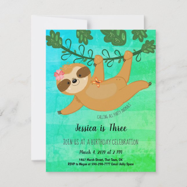 Cute Sloth Tropical Girly Birthday Party Invitation (Front)