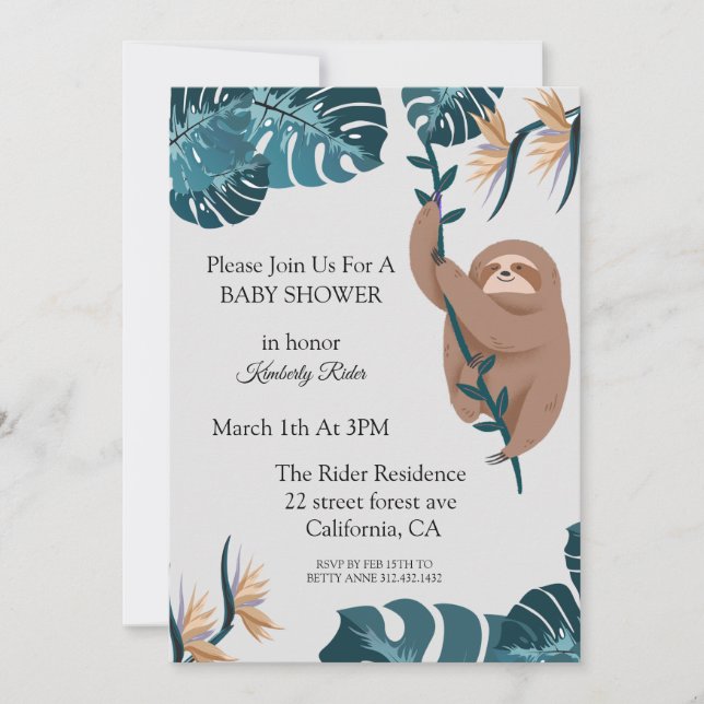 Cute Sloth Tropical Leaf Baby Shower Invitation (Front)