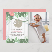 Cute Sloth Tropical Palm Leaves Birthday Invitatio