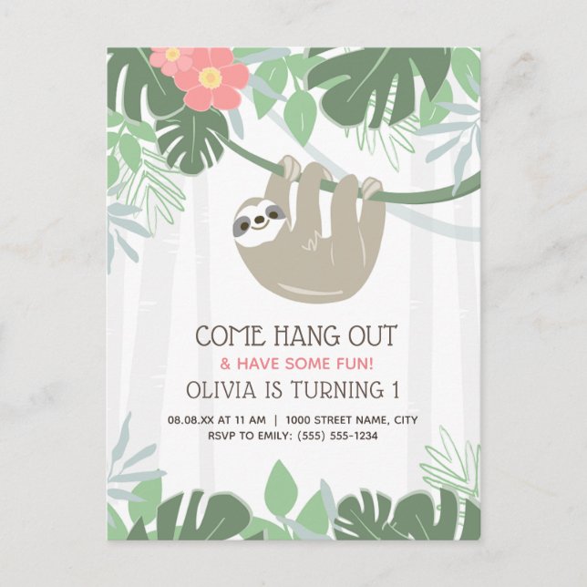 Cute Sloth Tropical Palm Leaves Birthday Invitatio Postcard (Front)