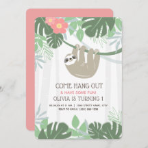 Cute Sloth Tropical Palm Leaves Birthday